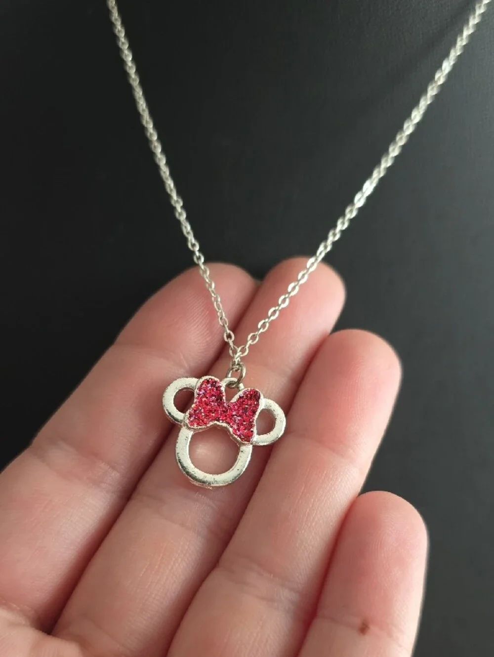 2 Necklace Bundle! Pink Bow Minnue Mouse & Pink Crown Pendant Necklace Set